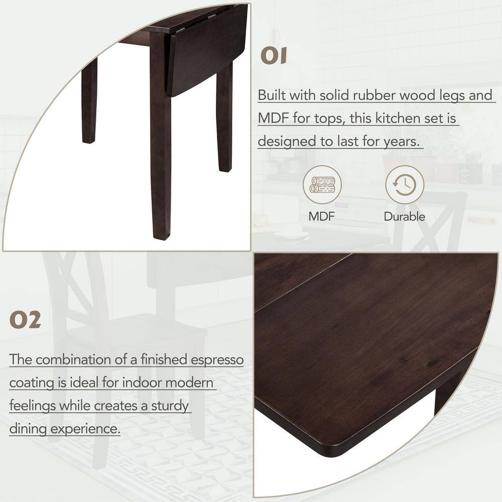 Espresso Solid Wood Drop Leaf Dining Table Set with X-Back Chairs