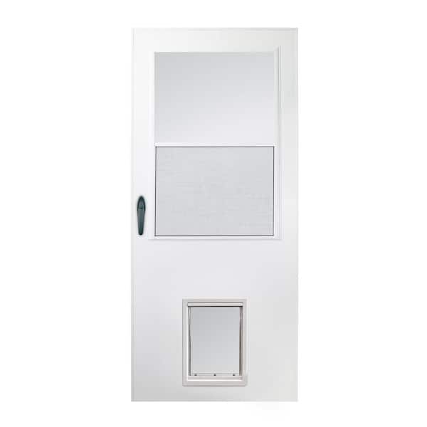 EMCO 32 in. x 80 in. White Universal 1/2 Light Pet Entry Aluminum Storm Door with Black Hardware