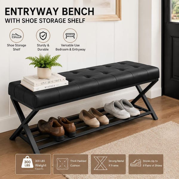 X Legs Black Faux Leather Upholstered Bedroom Bench 45 in. W End of Bed Entryway Bench with Shoe Shelf