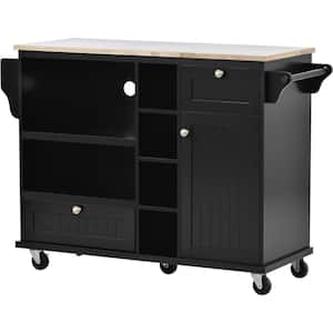 Black Solid Wood 18.10 in. W Kitchen Island with Storage Cabinet and 2 Locking Wheels, Microwave cabinet, Floor Standing