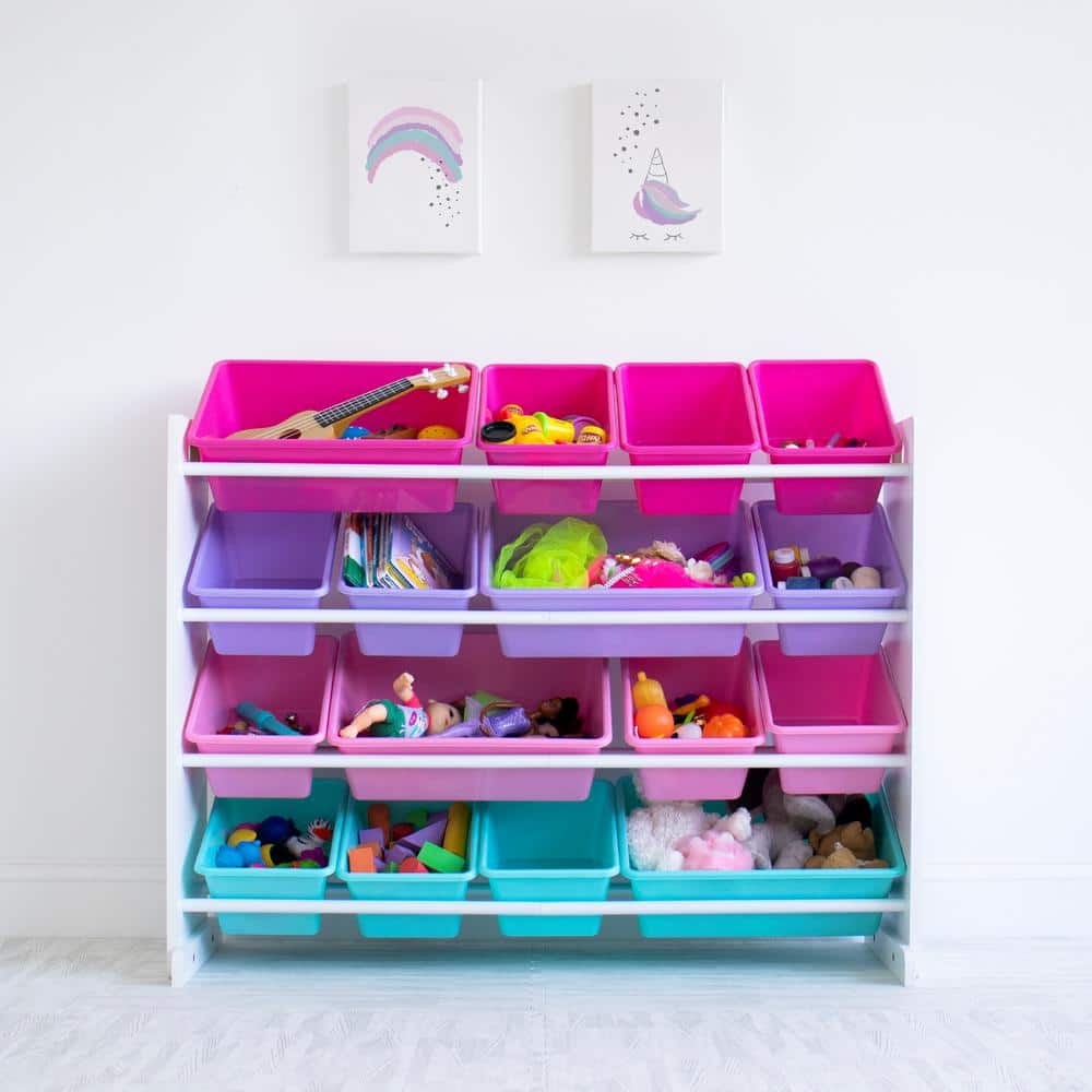 White and Pink Kids Toy Storage Organizer with 16 Bins