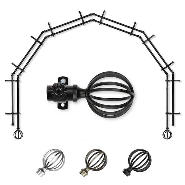 EMOH 13/16" Dia Adjustable 6-Sided Double Bay Window Curtain Rod 28 to 48" (each side) with Leoni Finials in Black