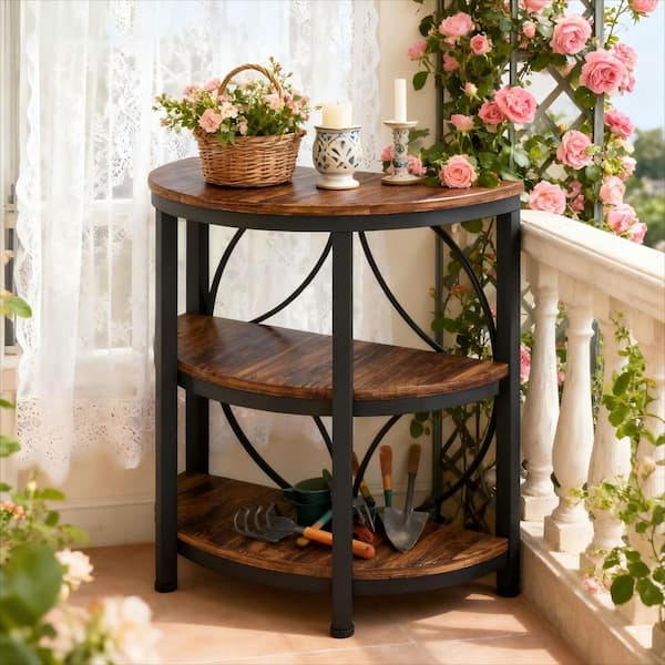 26 in. H 3-Tier Brown Wood Half Round End Table, Industrial Narrow Side Table with Metal Frame for Bedroom, Living Room