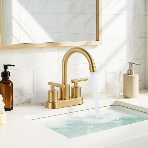 4 in. Centerset Double Handle High Arc Bathroom Faucet with Drain Kit Included in Gold