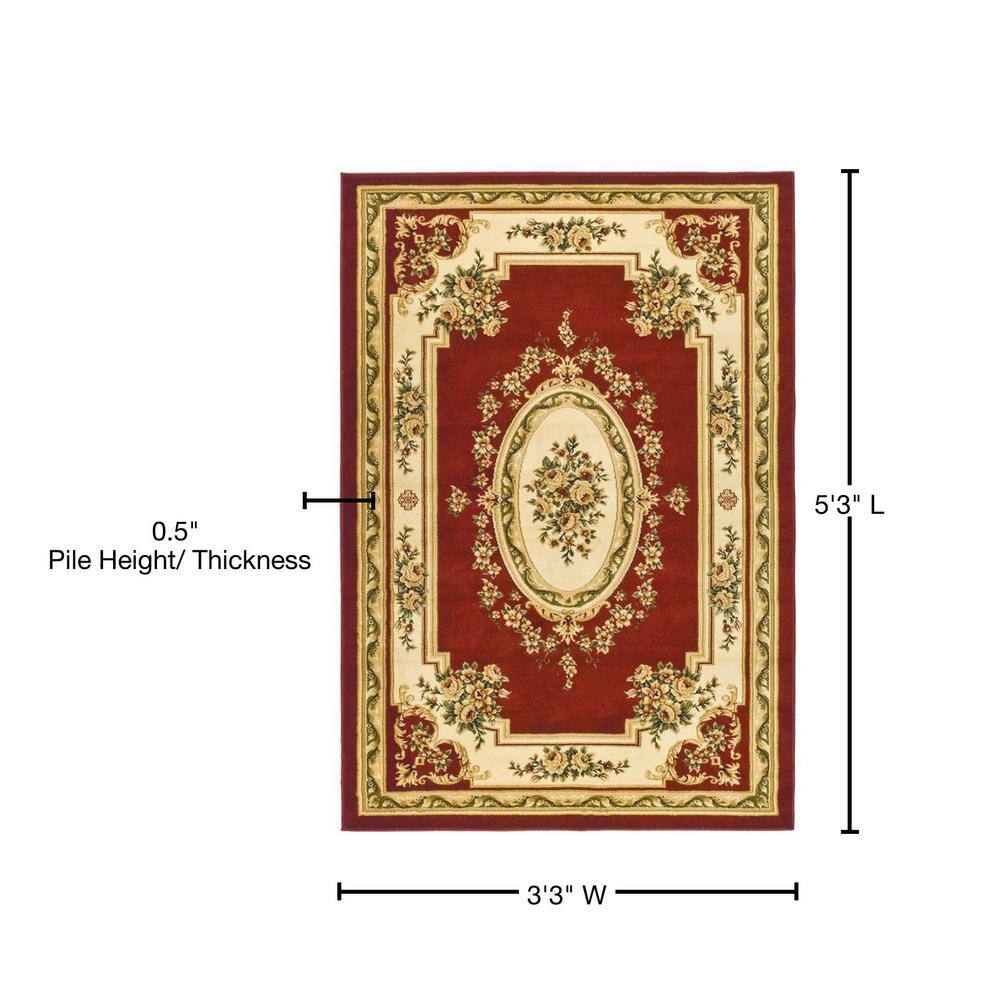 Red and Ivory Floral Rectangular Area Rug, 3'3" x 5'3"