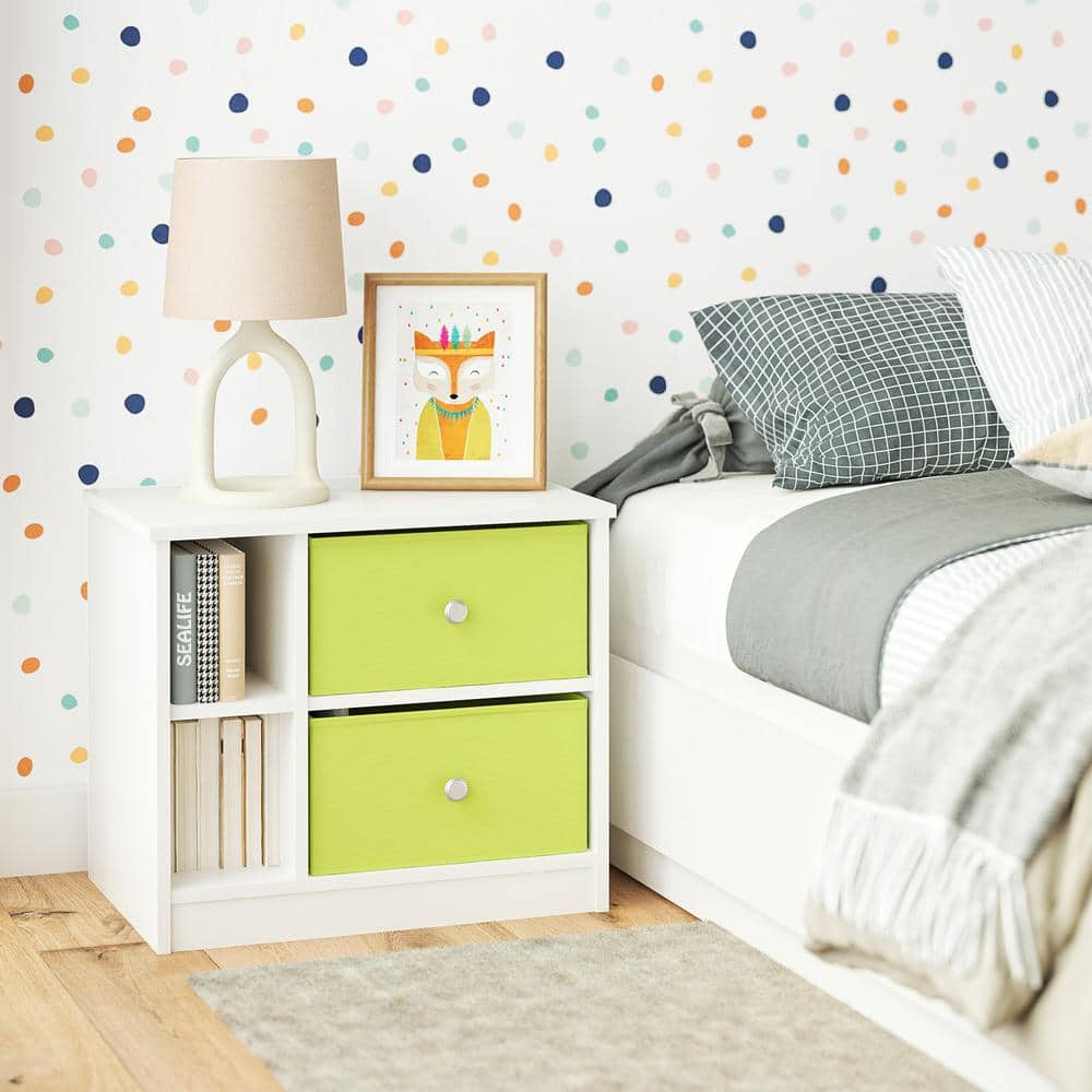 Mya Park Nightstand with 2-Fabric Bins, White w/Green Bins