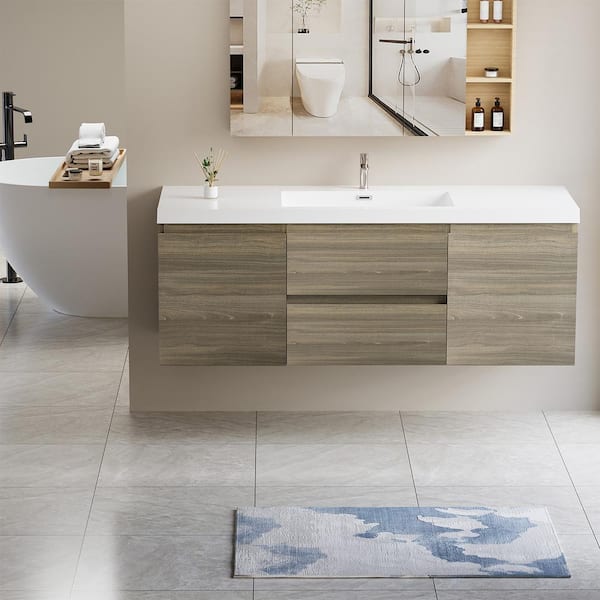 HBEZON Achilles 59 in. W x 20 in. D x 22.5 in. H Single Sink Floating Bath Vanity in Ash Grey with White Resin Top