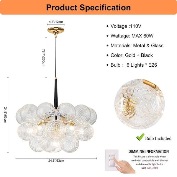 AURA BUBBLE 6-Light Gold and Black Nordic Bubble Cluster Chandelier with Swirled Glass Globes, Bulbs Included