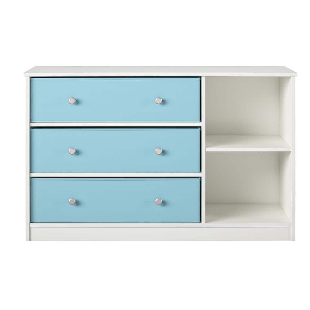 Mya Park Wide Dresser with 3-Fabric Bins, White w/ Blue Bins