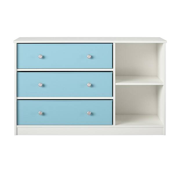 Ameriwood Home Mya Park Wide Dresser with 3-Fabric Bins, White w/ Blue Bins
