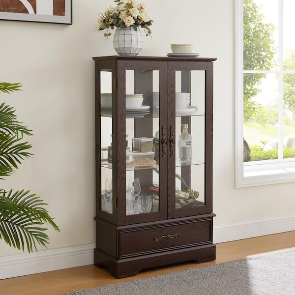 Louisa Cherry Wood 47.4 in. Curio Display Cabinet with 2 Doors and 1 Drawer