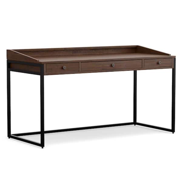 Simpli Home Ralston 60 in. Rectangular Distressed Charcoal Brown 2-Drawer Writing Desk with Metal Frame