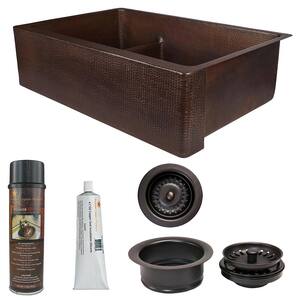 Dual Mount Copper 33 in. Double Bowl 30/70 Kitchen Farmhouse Apron Sink with Short Divide and Drain in Oil Rubbed Bronze