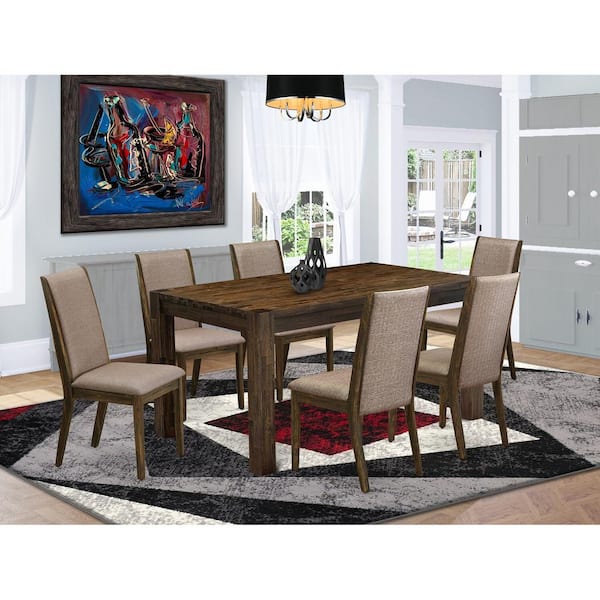 7-Piece Natural Oak Finish Solid Wood Top Dining Table with 6 Parson Chairs with Lattice Back