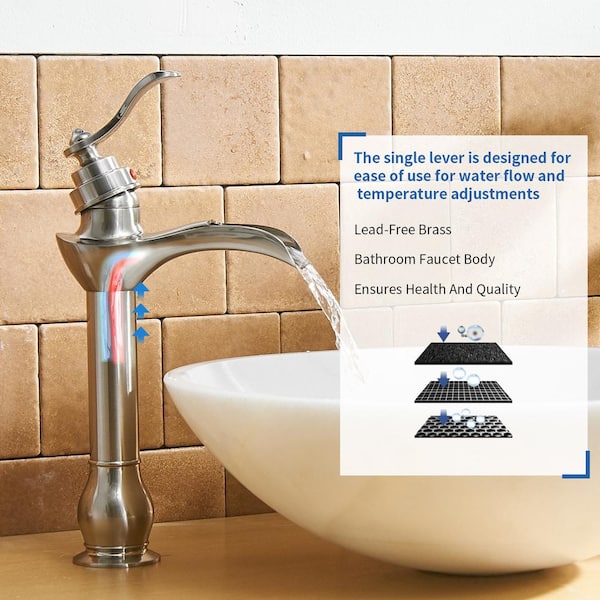 Single Handle Waterfall Vessel Sink Faucet with Drain Kit Included in Brushed Nickel