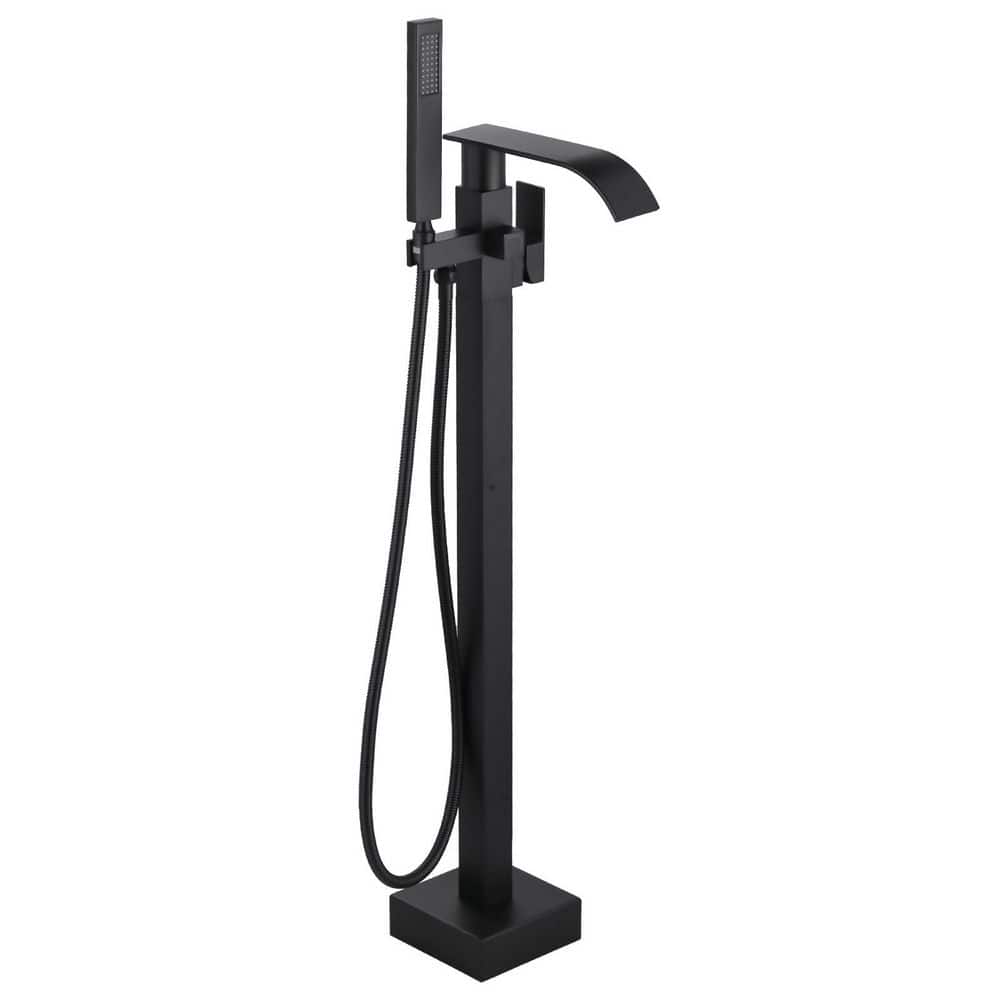 Brass Waterfall Single-Handle Floor Mount Freestanding Bathtub Faucet with Hand Shower and Supply Line in Matte Black price history on PriceWatchPro