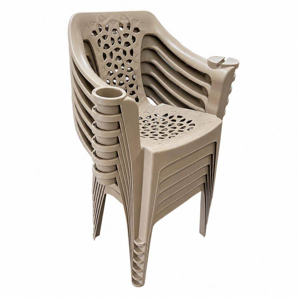 Antique plastic lawn chair with a detailed, layered back design.
