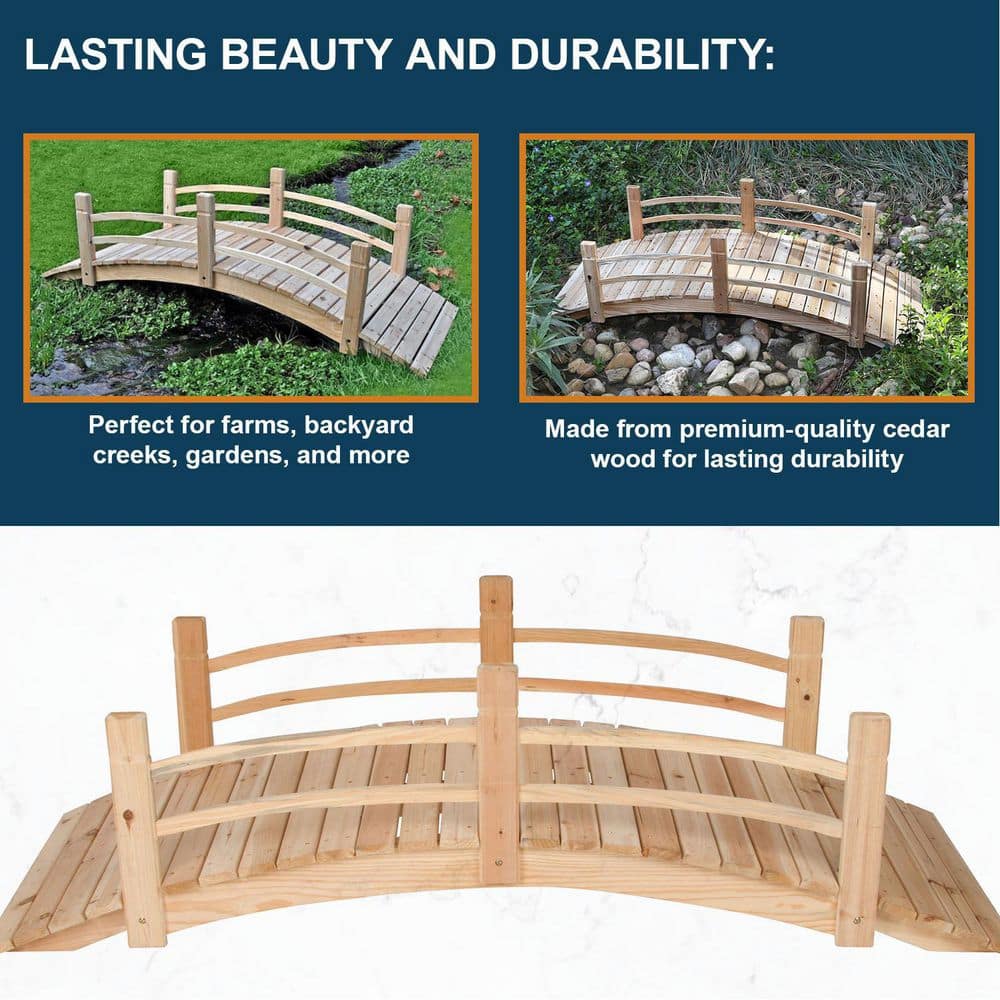 Natural Cedar Wood 6-Foot Garden Bridge with Handle Rails