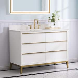 48 in. W x 22 in. D x 35 in. H Single Sink Solid Wood Bath Vanity in White with White Quartz Top,Soft-Close 6 Drawers