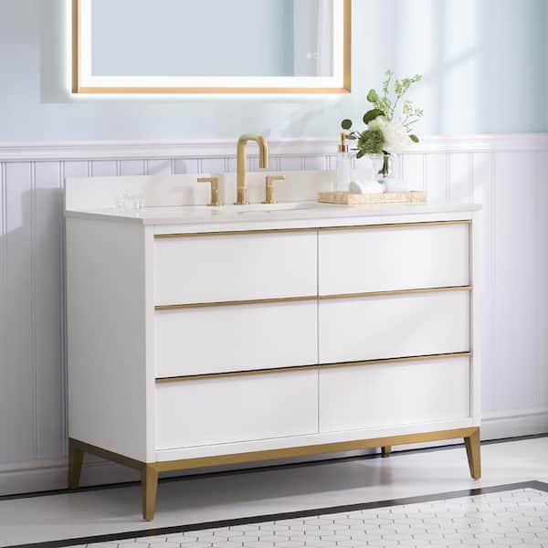 48 in. Single Sink Solid Wood Bath Vanity in White with Carrara White Quartz Top, Soft-Close 6 Drawers, Assembled
