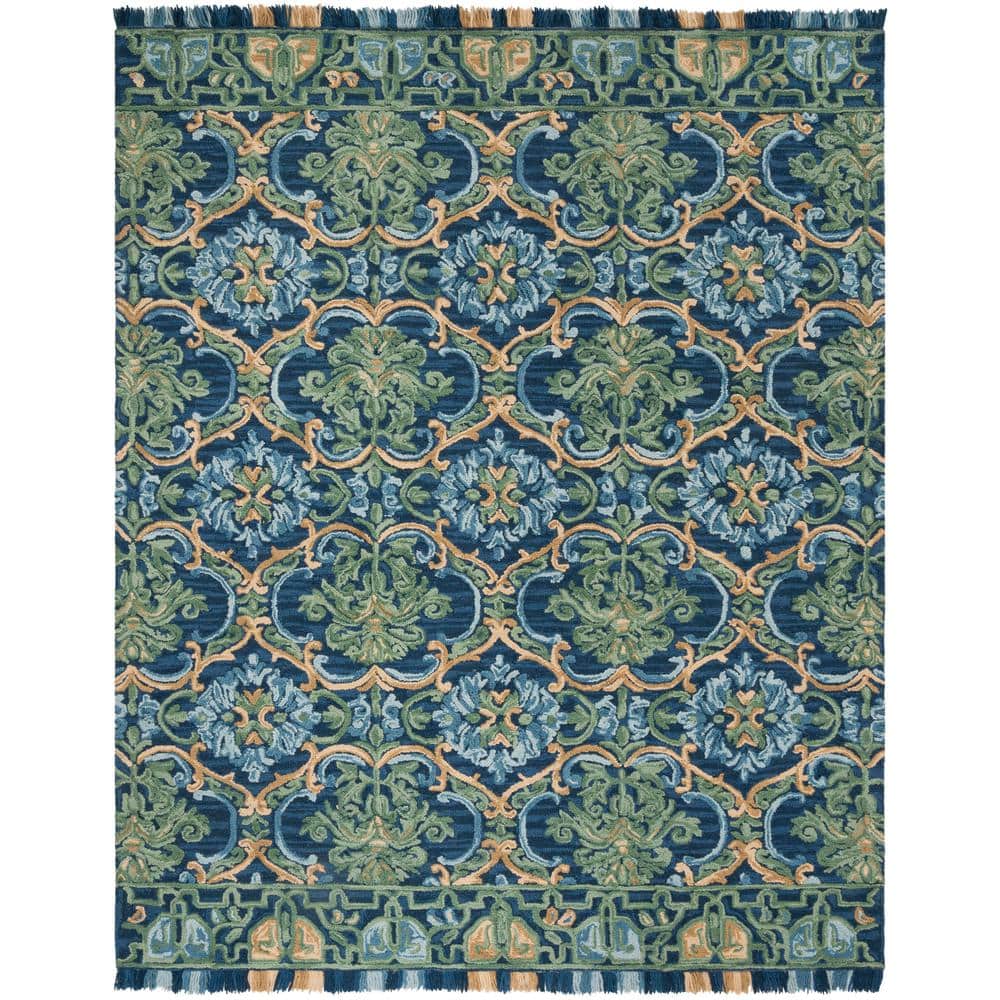 Handmade Navy and Green Wool Geometric Area Rug 10' x 14'