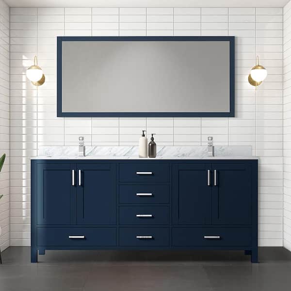 Lexora Jacques 72 in. W x 22 in. D Navy Blue Double Freestanding Bath Vanity with Carrara Marble Top