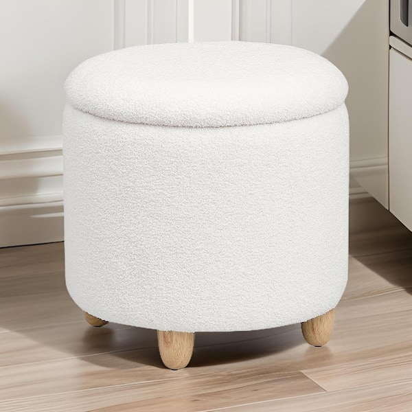 Benjara Ivory White and Brown Foam Round Storage Ottoman Medium