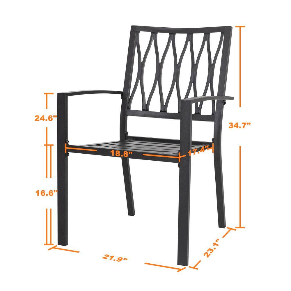 Black Iron Stackable Outdoor Patio Chairs with Lattice Design (2-Pack)