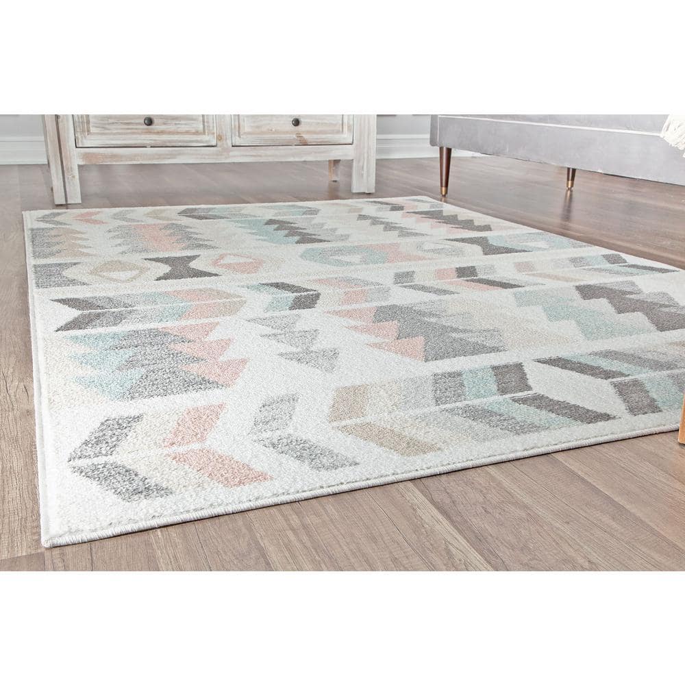 Mint Lime Gray Geometric Patterned Synthetic Area Rug