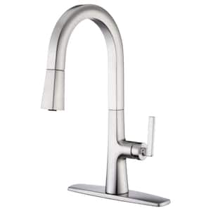 Single-Handle Pull Down Sprayer Kitchen Faucet with Deck Plate in Brushed Nickel