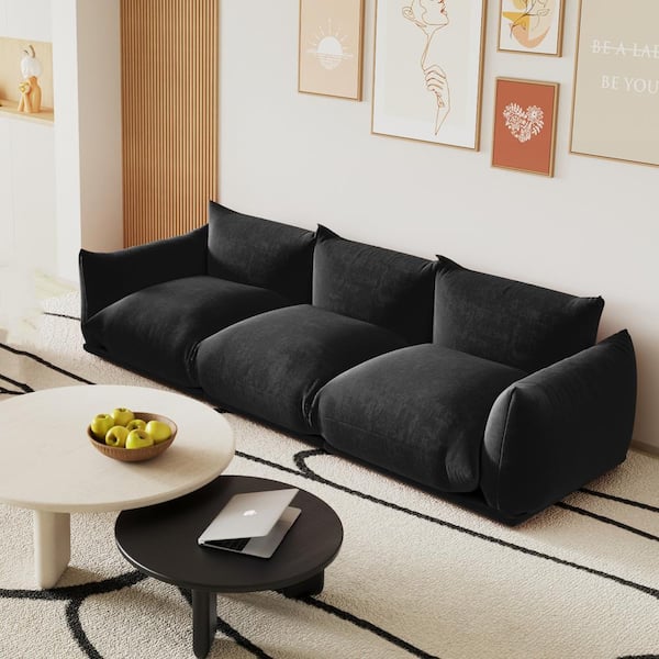 103.93 in. Luxury Wide 3 Seater Minimalist Sofa Couch Flared Arm Chenille Floor Level for Living Room Black