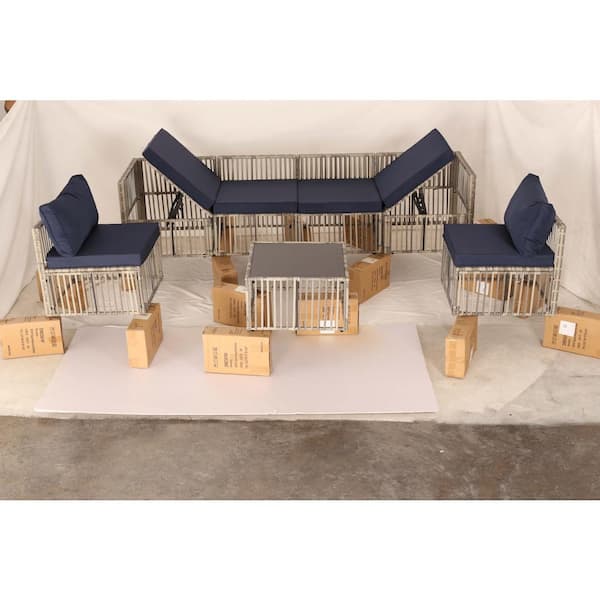 Tenleaf 7-Piece Gray Patio Conversation Set with Blue Cushions