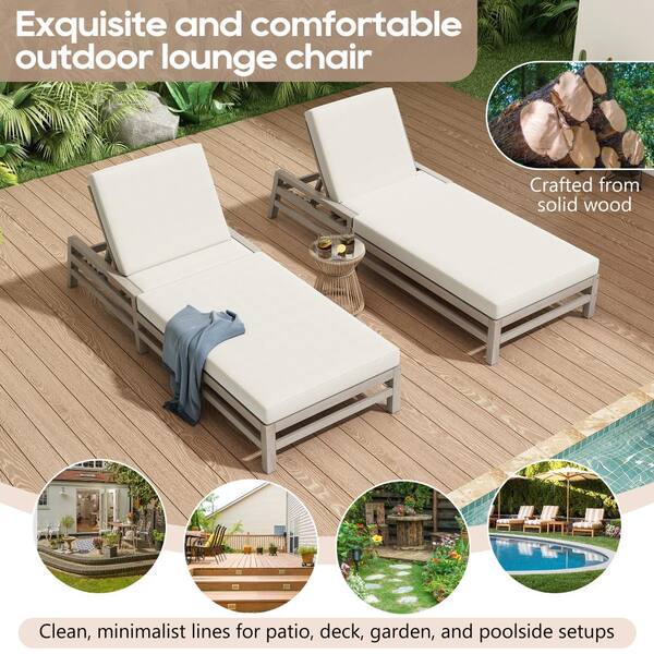 JPJPUU Gray Wood Outdoor Lounge Chair with Beige Cushions for