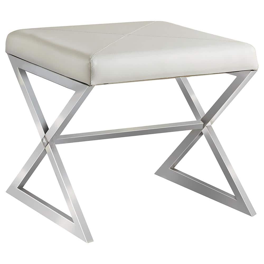 White Faux Leather X-Cross Square Ottoman with Chrome Base