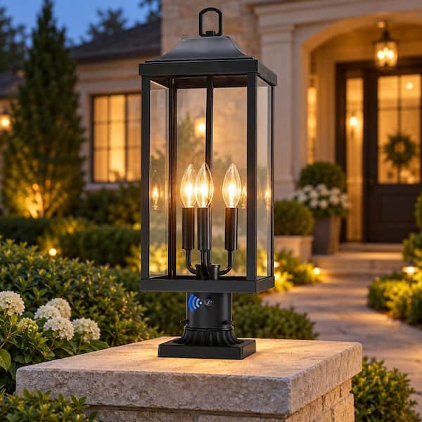 23.8 in. 3-Light Black Metal Dusk to Dawn Hardwired Weather Resistant Outdoor Pier Mount Light with No Bulbs Included