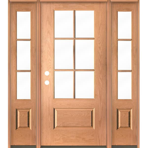 Krosswood Doors UINTAH Farmhouse 64 in. x 80 in. 6-Lite Right-Hand/Inswing Clear Glass Teak Stain Fiberglass Prehung Front Door with DSL