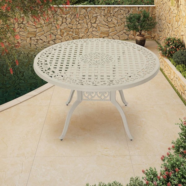 47 in. White Round Cast Aluminum Patio Dining Table with 2 in. Umbrella Hole