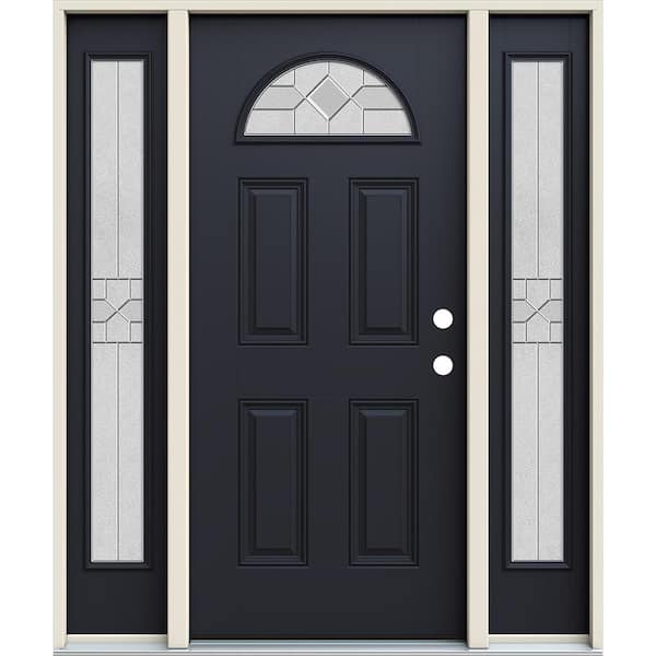 JELD-WEN 60 in. x 80 in. Left-Hand Fan Lite Decorative Glass Caldwell Black Fiberglass Prehung Front Door W/Sidelites