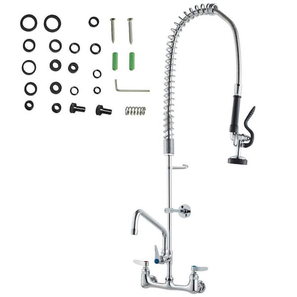 8 in. Commercial Wall Mount Triple Handle Pull Down Sprayer Kitchen Faucet with Pre-Rinse Sprayer Stainless Steel Silver