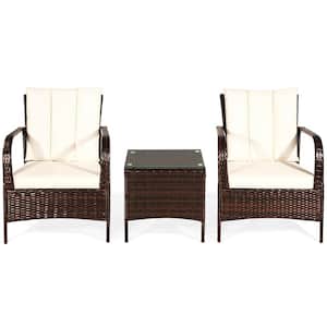3-Piece Wicker Patio Conversation Set with White Cushions and Glass-Top Table