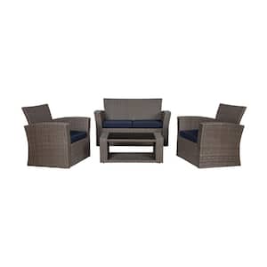 Hudson 4-Piece Gray Wicker Outdoor Patio Loveseat and Armchair Conversation Set with Navy Blue Cushions and Coffee Table