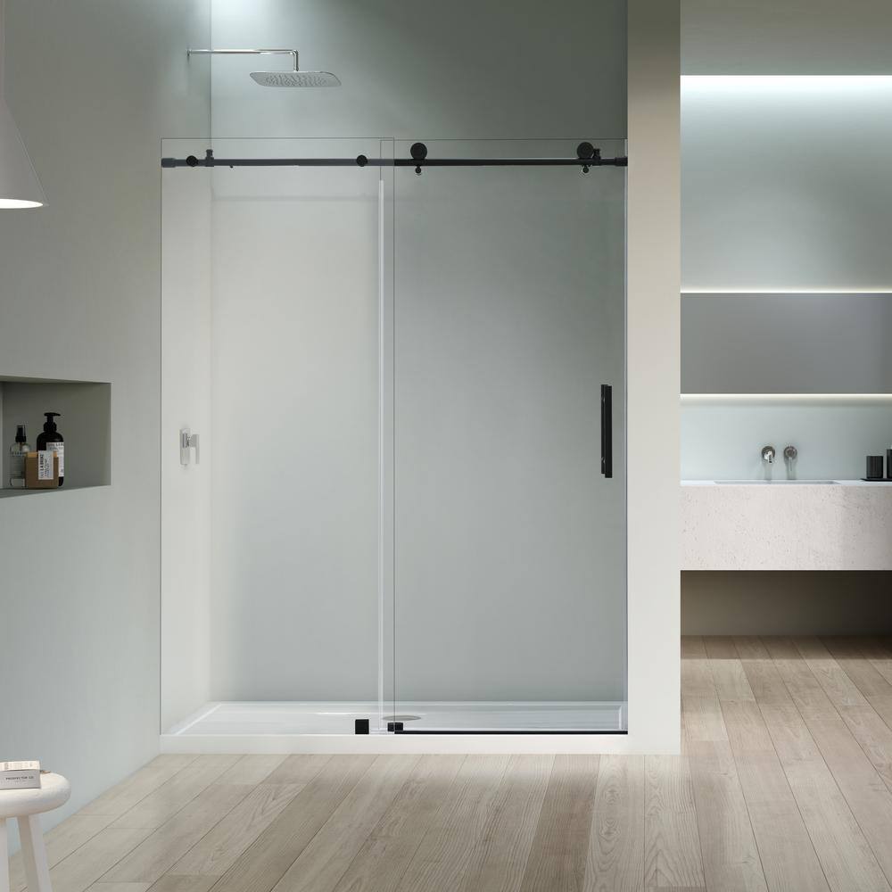 60 in. Matte Black Frameless Soft Close Sliding Shower Door with Clear Glass