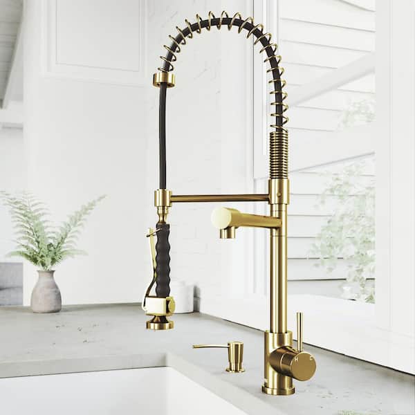 VIGO Zurich Single Handle Pull-Down Sprayer Kitchen Faucet Set with Soap Dispenser in Matte Brushed Gold