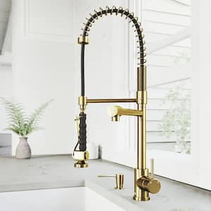 Zurich Single-Handle Pull-Down Sprayer Kitchen Faucet with Soap Dispenser in Matte Gold