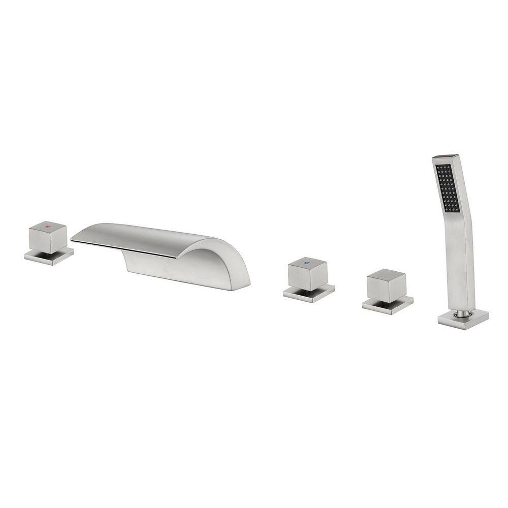 3-Handle Deck Mount Roman Tub Faucet, Waterfall Spout 5 Hole Bathtub Shower