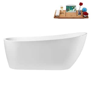 67 in. x 28 in. Acrylic Freestanding Soaking Bathtub in Glossy White with Glossy White Drain, Bamboo Tray