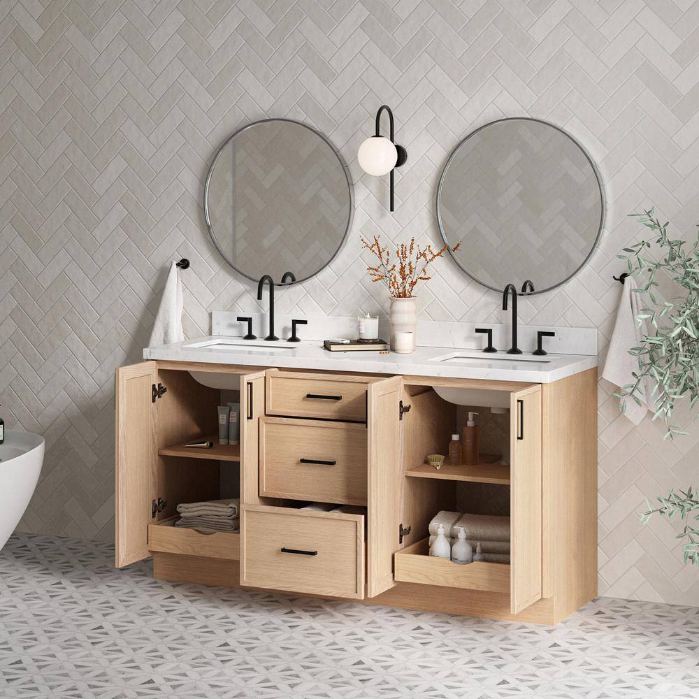 Kelly 66" Oak Double Sink Vanity with Carrara Quartz Top