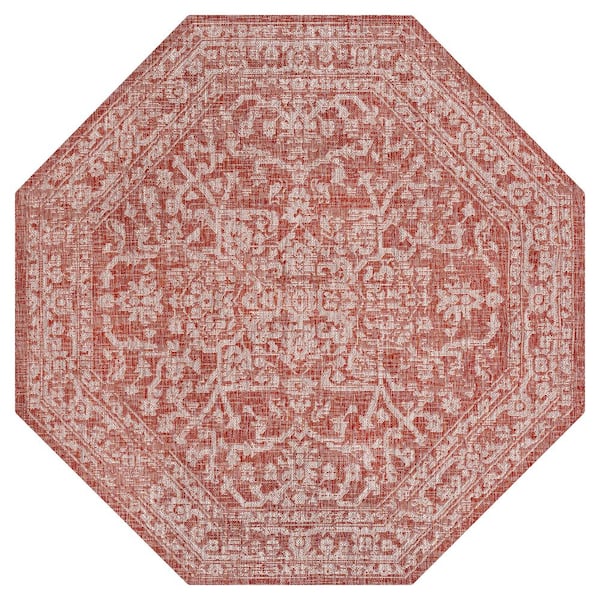 Malta Bohemian Medallion Textured Weave Red/Taupe 5 ft. Octagon Indoor/Outdoor Area Rug