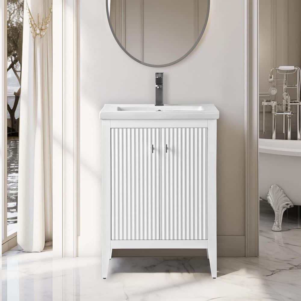 Linear White 24" Single Sink Bathroom Vanity with Ceramic Top