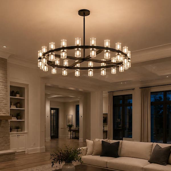 YANSUN 36 in. 36-Light Black Circle K9 Crystal Chandelier for